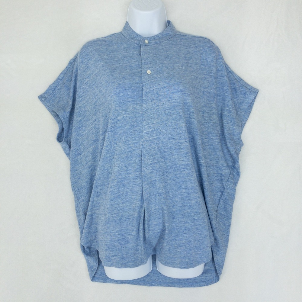 J McLaughlin Avah Top Womens Medium Blue Linen Blend Band Collar Dolman Sleeve